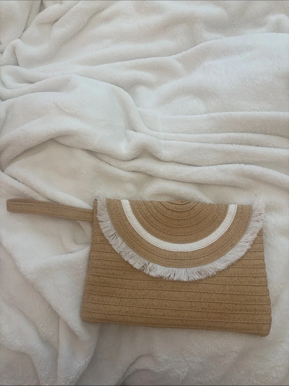 Woven Straw Wristlet Clutch in Tan with Cream Trim